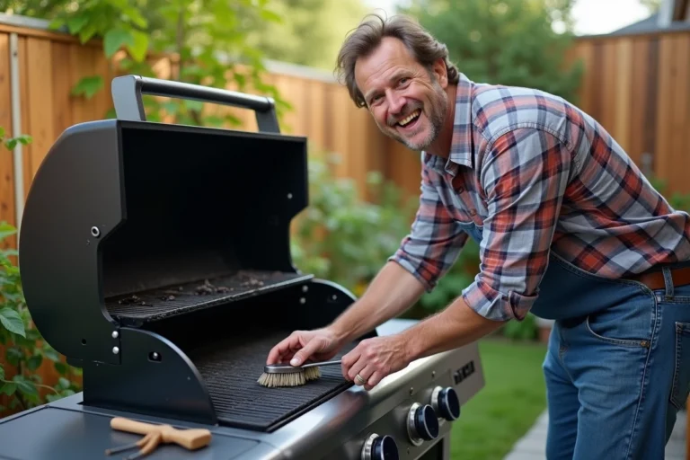 Homme en jean nettoyant un barbecue au charbon dans le jardin