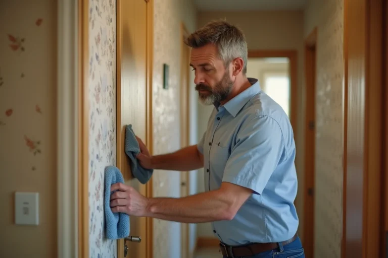 Homme d'âge moyen nettoyant une porte en métal avec un chiffon doux