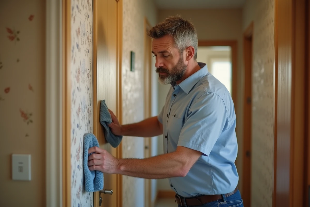 Homme d'âge moyen nettoyant une porte en métal avec un chiffon doux