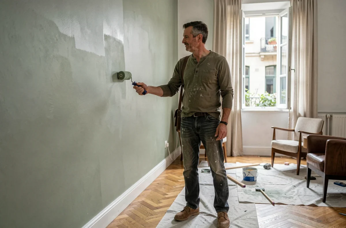 Homme en train de peindre un mur en vert sauge lors de la rénovation d'un salon avec parquet en chevrons