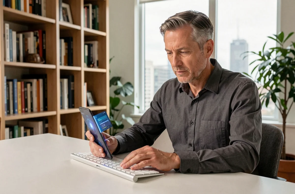 Homme d'affaires analysant un smartphone pliable de dernière génération dans un bureau à domicile moderne