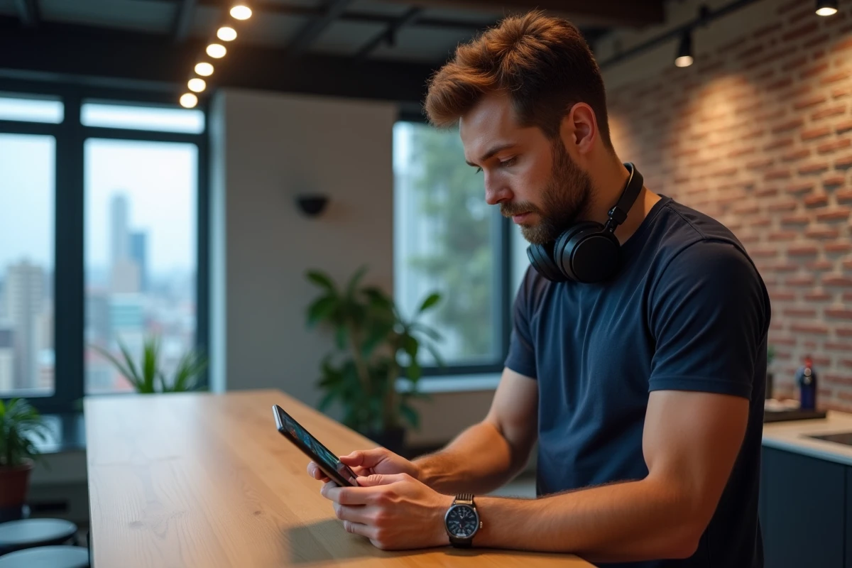 Homme avec tablette consultant un site de sons en ligne dans un appartement moderne