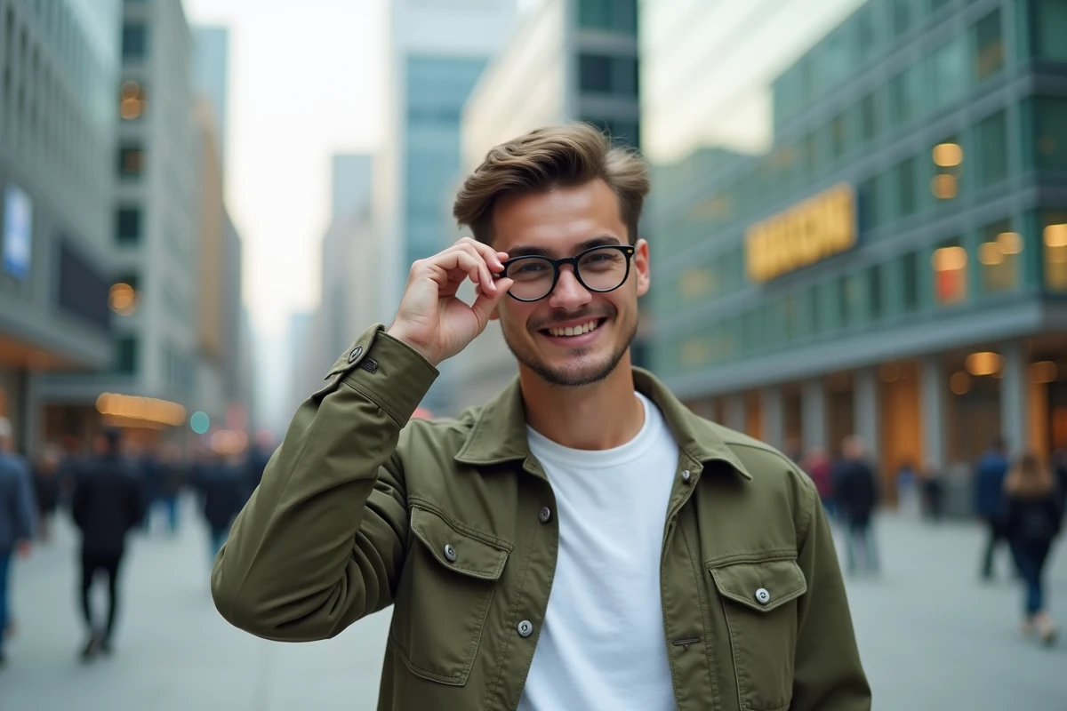 Jeune homme ajustant ses lunettes dans une place urbaine animée