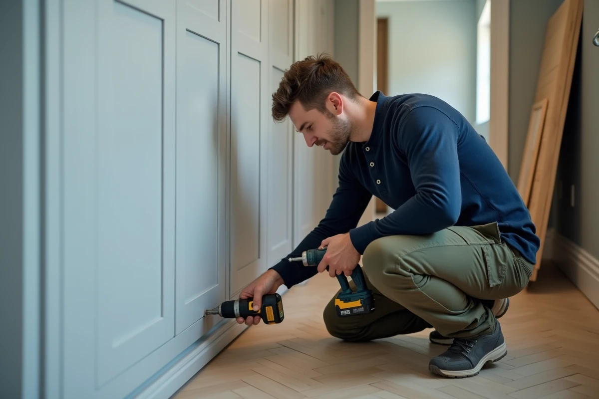 Homme vissant un support de fixation pour joue de dressing dans un couloir avec une perceuse sans fil