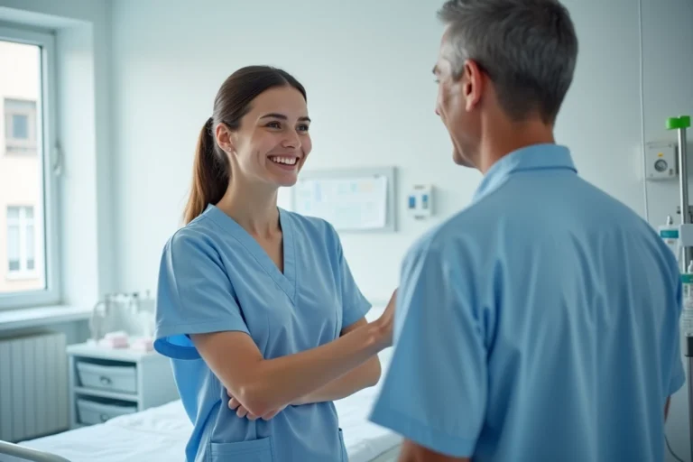 Infirmière française souriante ajustant une perfusion dans une chambre d'hôpital