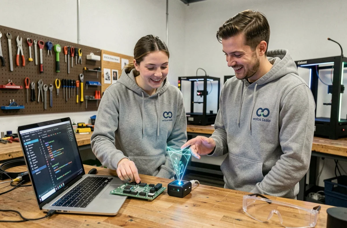 Deux ingénieurs collaborant sur un prototype de circuit imprimé et un logiciel d'intelligence artificielle dans un laboratoire de startup technologique