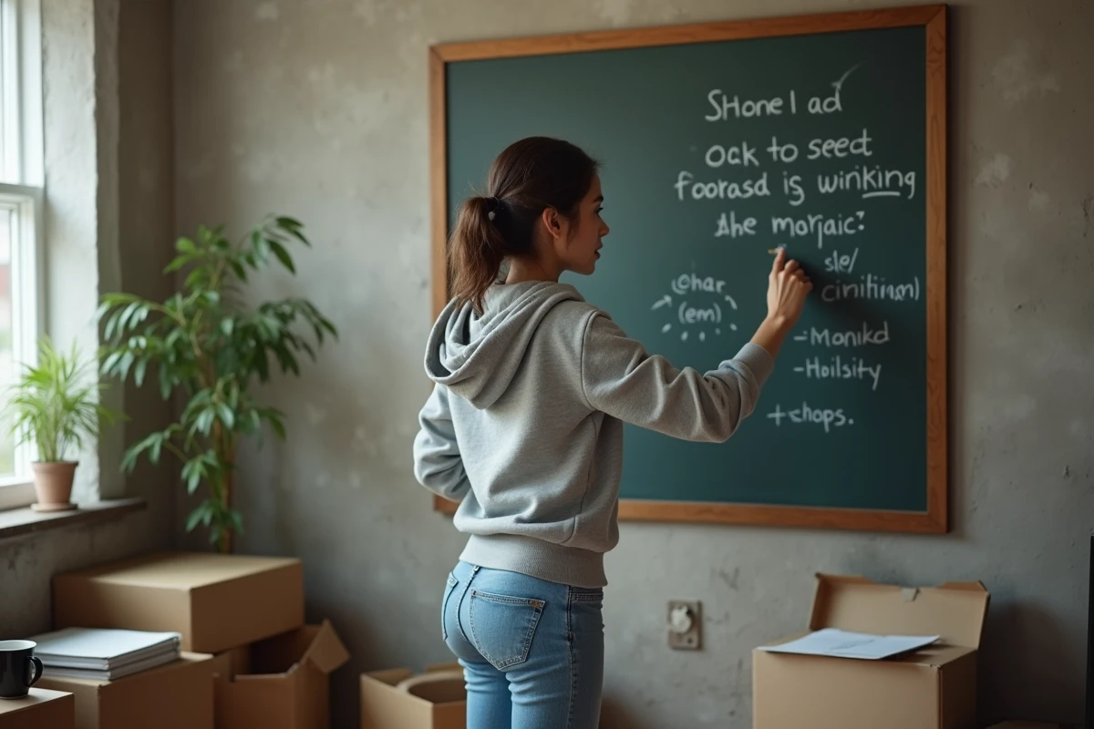 Femme jeune effaçant des notes sur un tableau dans un appartement