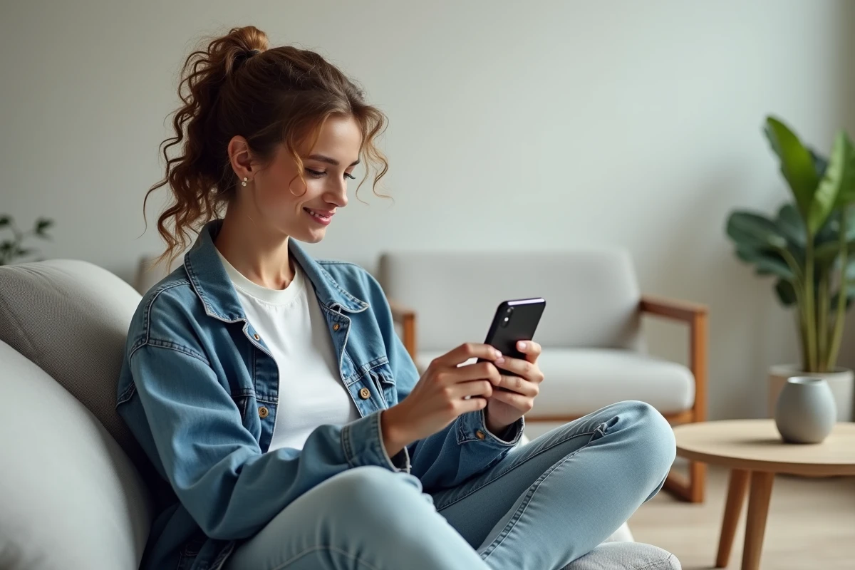 Jeune femme consultant un panel de caractères spéciaux sur smartphone pour insérer le Ç majuscule