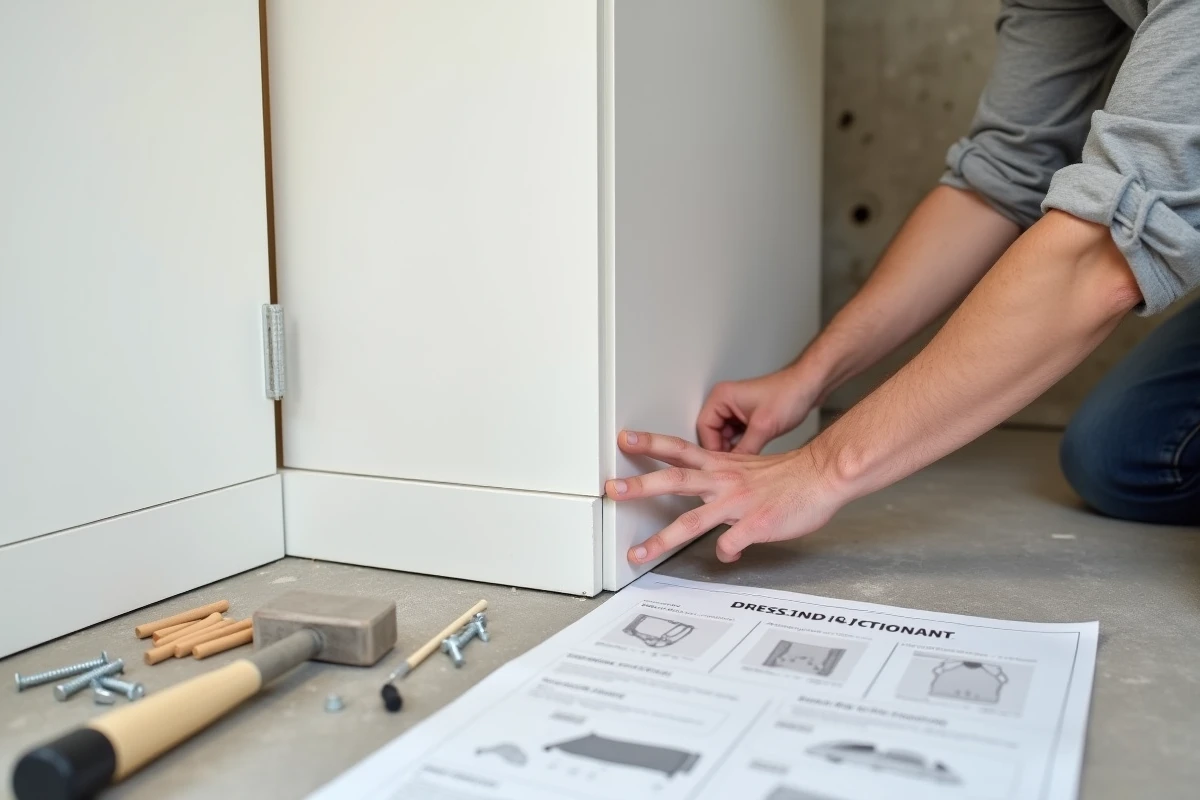 Mains positionant une joue de dressing blanche contre un mur avec plan de montage et outils posés au sol
