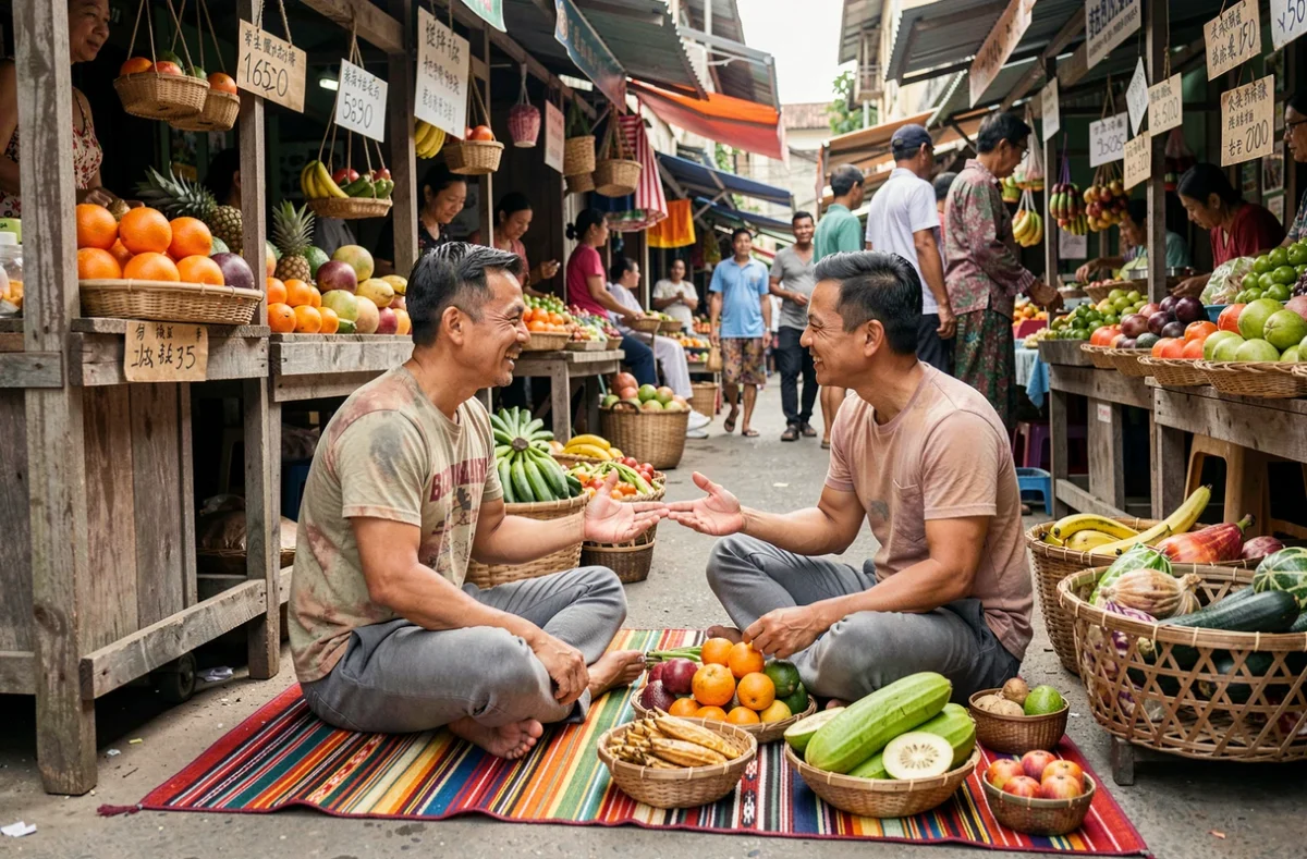 Voyageur homme discutant avec un vendeur dans un marché local en Asie du Sud-Est avec fruits frais et articles artisanaux