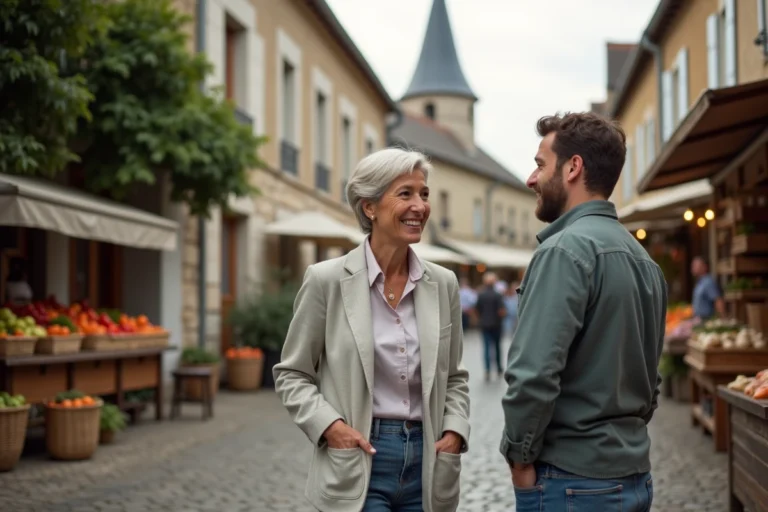 Habitante discutant avec un agent municipal au marché de plein air d'un village de la communauté de communes du Véron