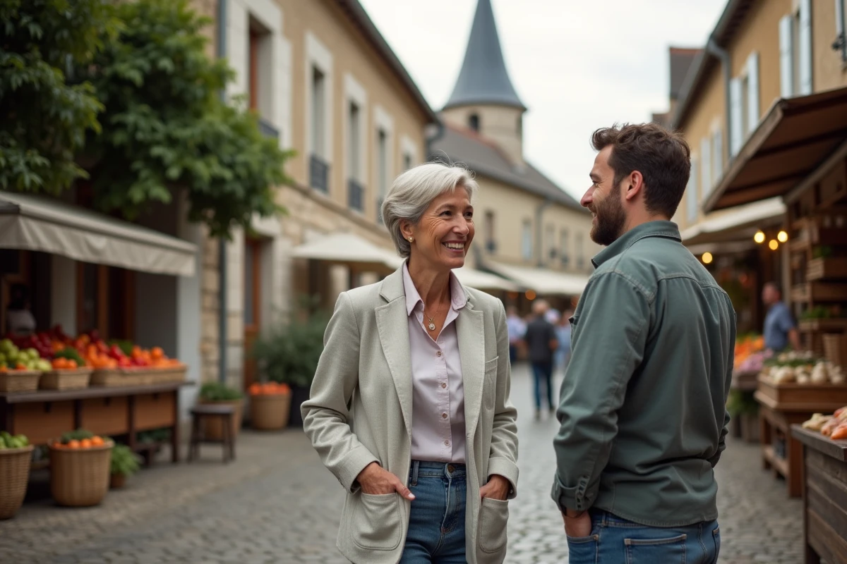 Habitante discutant avec un agent municipal au marché de plein air d'un village de la communauté de communes du Véron