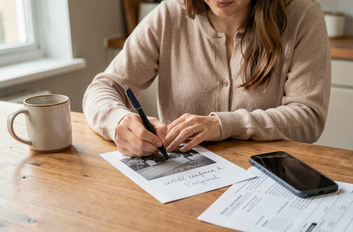 Jeune femme écrivant la mention certifié conforme à l'original à la main sur une photocopie à domicile