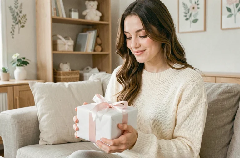 Jeune mère tenant un coffret naissance offert par une marque, assise dans un salon scandinave chaleureux