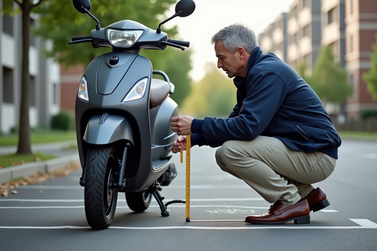 Homme adulte mesurant la hauteur de selle d'un scooter dans un parking, illustrant les conseils pratiques pour choisir les bonnes dimensions de scooter