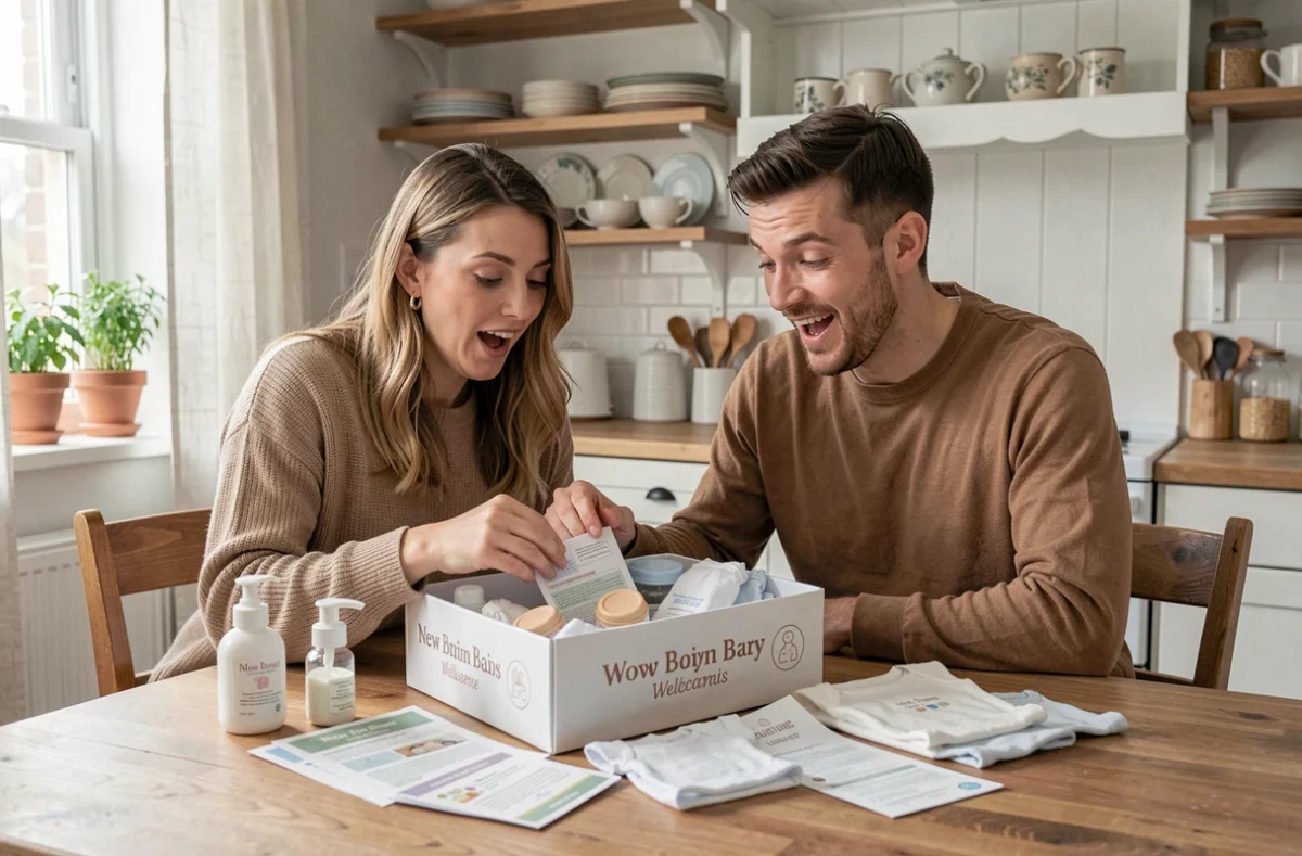 Couple de nouveaux parents découvrant ensemble un coffret naissance gratuit rempli de produits pour bébé