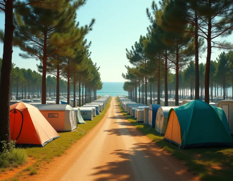 Vue aérienne du plus grand camping d'Europe avec des rangées de mobil-homes et tentes sous des pins parasols près de la mer