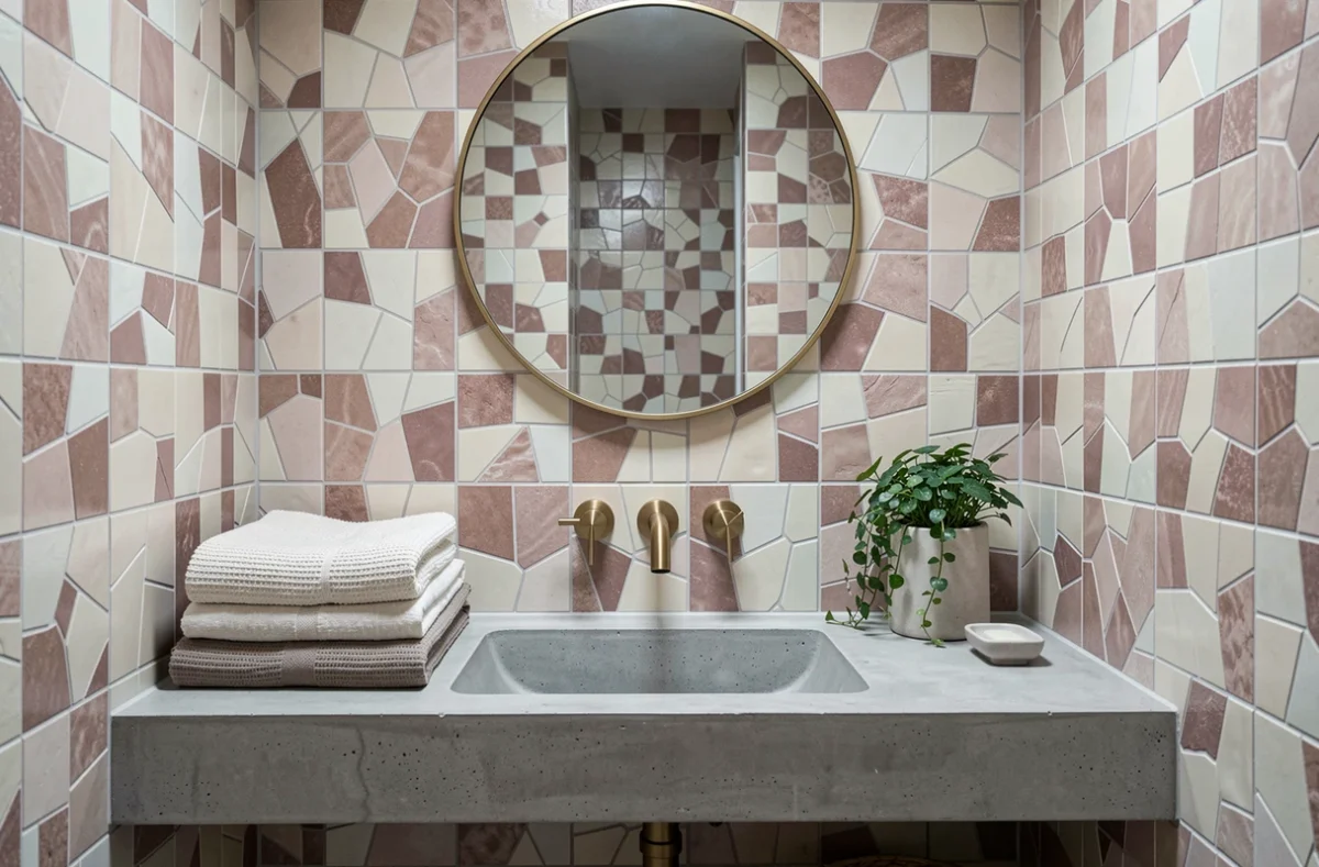 Salle de bain rénovée avec carrelage zellige artisanal, vasque en béton et robinetterie en laiton brossé dans un appartement moderne