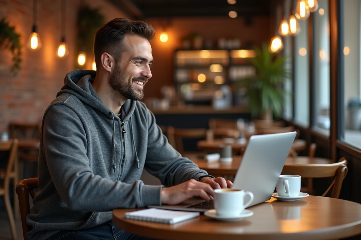 Spécialiste SEO utilisant un outil d'intelligence artificielle pour optimiser du contenu web dans un café urbain moderne