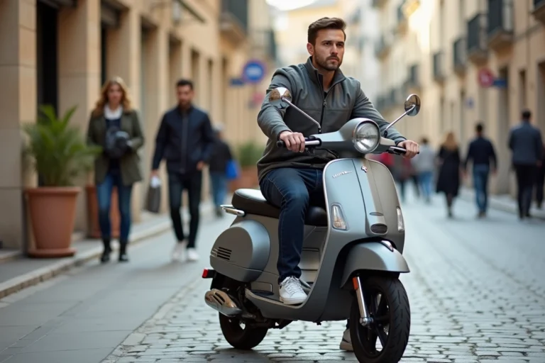 Homme adulte assis sur un scooter de taille moyenne dans une rue pavée européenne, illustrant les proportions idéales entre le conducteur et le scooter