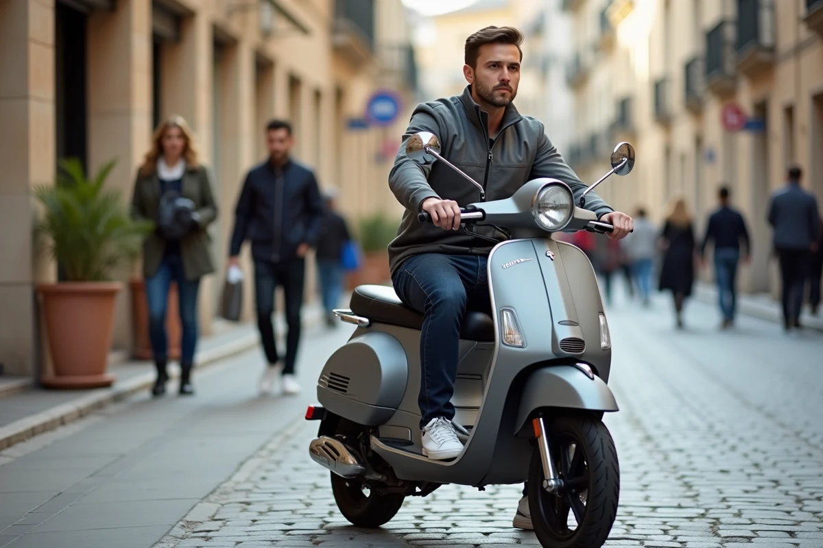 Homme adulte assis sur un scooter de taille moyenne dans une rue pavée européenne, illustrant les proportions idéales entre le conducteur et le scooter