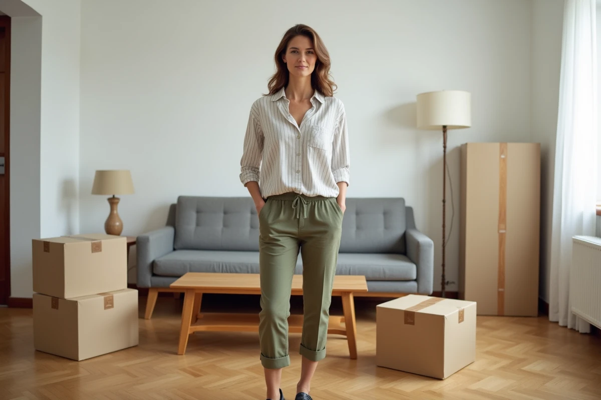 Femme entourée de meubles et cartons représentant un volume de 4m3 dans un appartement vide
