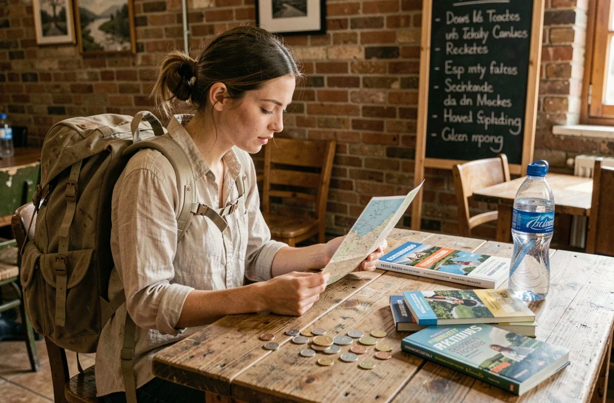 Jeune femme voyageuse consultant une carte papier dans un auberge de jeunesse européenne avec sac à dos et guides de voyage