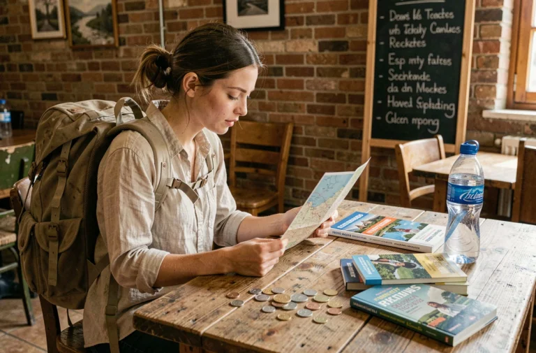 Jeune femme voyageuse consultant une carte papier dans un auberge de jeunesse européenne avec sac à dos et guides de voyage